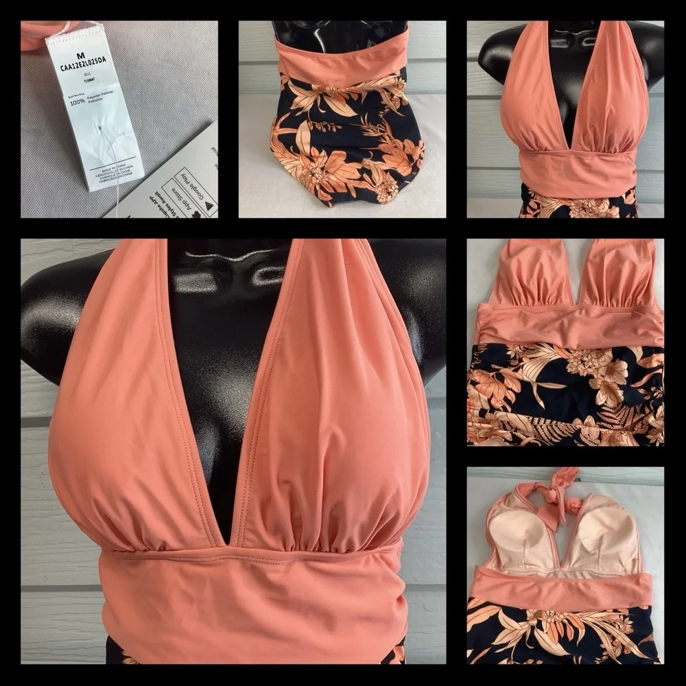 Peach top floral bottom one piece swimsuit.40-M/40-L - Picture 5 of 6
